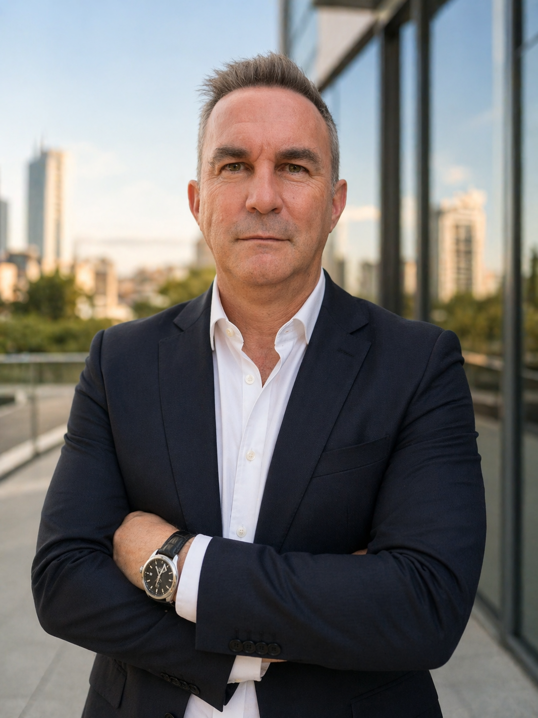 Leandro Tomeo en una terraza con la ciudad de fondo